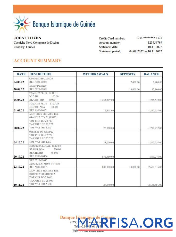 Blank Guinea Banque Islamique de Guinée bank statement excel sample